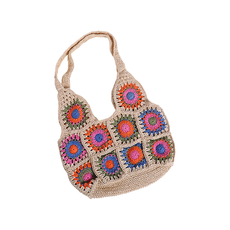 彩虹色系列手工钩针纸莎草花手工纸莎草包